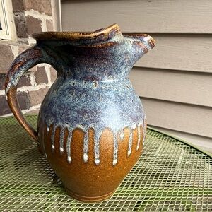 Nulton Signed Handcrafted Ceramic Pottery Pitcher - Blue and Brown drip glaze.